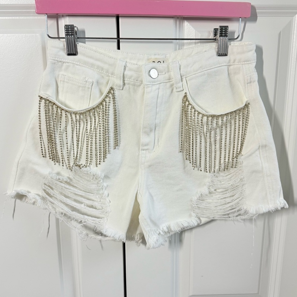 POL White Distressed Rhinestone Fringe Denim Shorts - Small